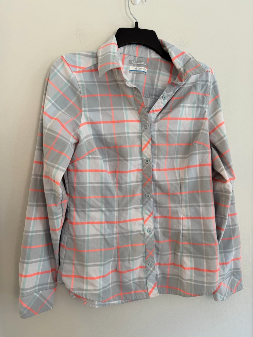 Columbia Omni-Wick Plaid Button Front Shirt Women’s Small Gray Coral Outdoor
